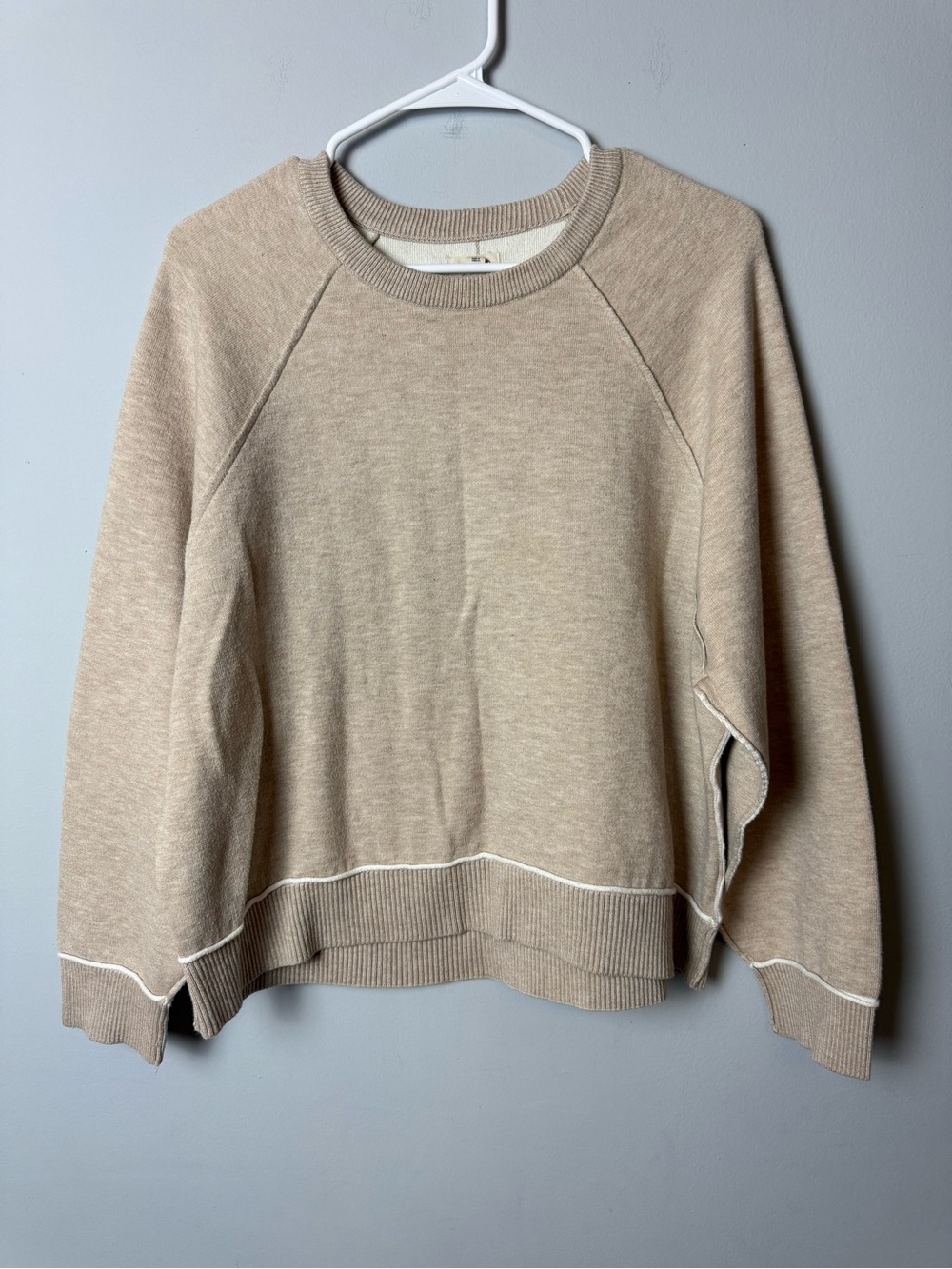 Pilcro Tan-Beige Crewneck Sweater with White Contrast Trim